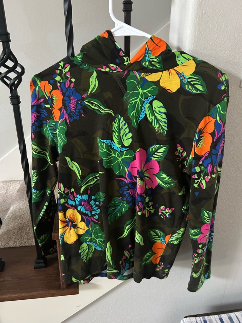 NEW Ralph Lauren Polo Girls Tropical Floral Hoodie in Olive with Neon Blooms M